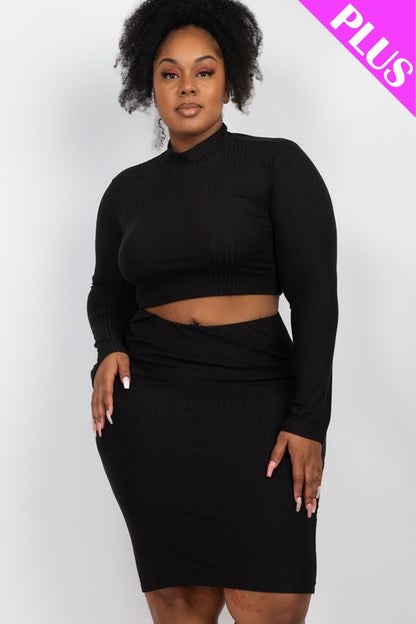 Plus Ribbed Mock Neck Crop Top & Midi Skirt Set