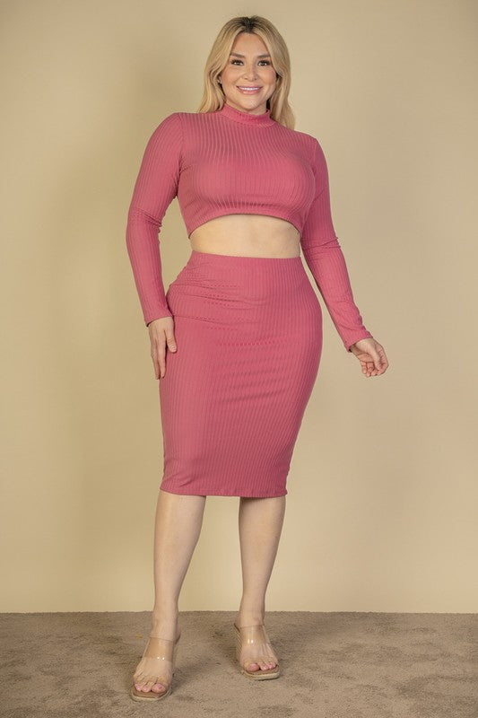 Plus Ribbed Mock Neck Crop Top & Midi Skirt Set