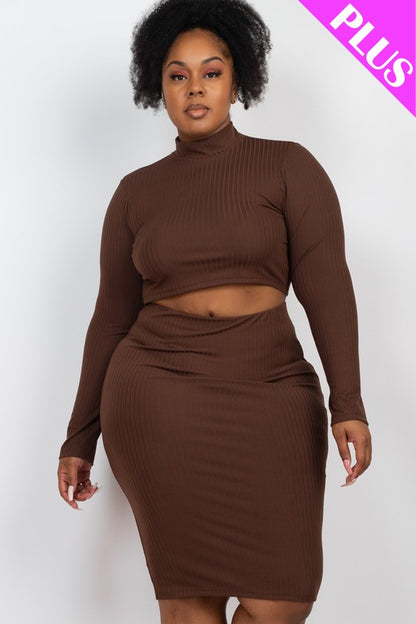 Plus Ribbed Mock Neck Crop Top & Midi Skirt Set