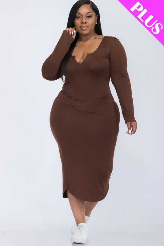 Plus Size Split Neck Long Sleeve Midi Dress