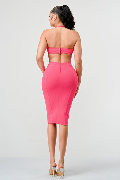 HALTER HOLLOW OUT BODYCON BANDAGE DRESS