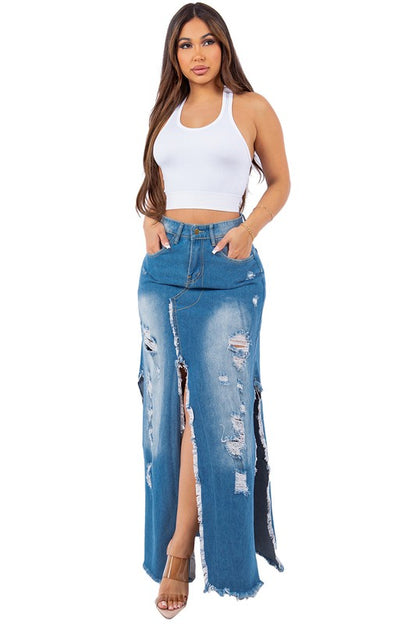 Slit Denim Maxi Skirt