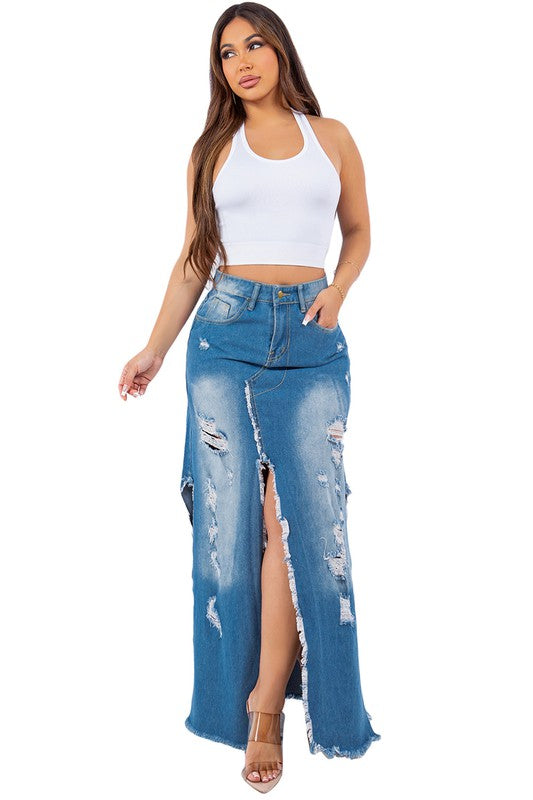 Slit Denim Maxi Skirt