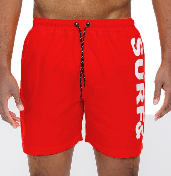 Solid Lined Beach Swim Text Men's Swim Shorts