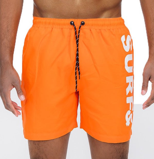 Solid Lined Beach Swim Text Men's Swim Shorts