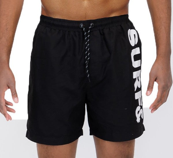 Solid Lined Beach Swim Text Men's Swim Shorts