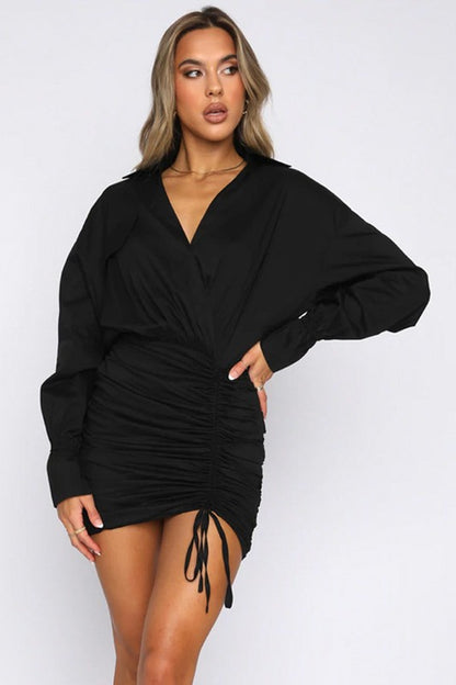 Long-Sleeve Ruched Shirt Dress