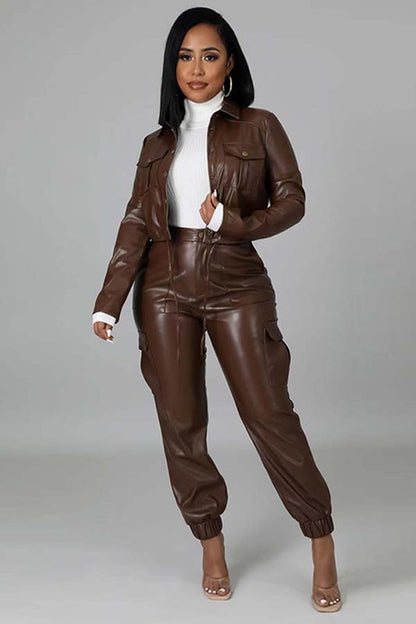 Sexy PU Leather Jacket & Pants Set By Claude