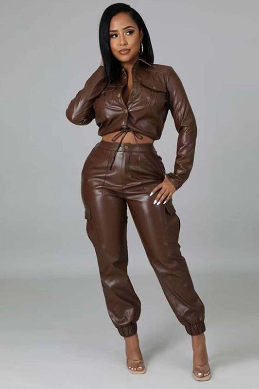 Sexy PU Leather Jacket & Pants Set By Claude