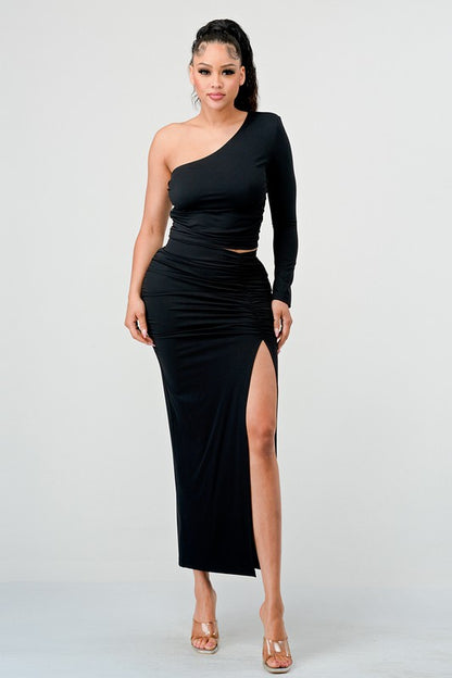 One Shoulder Crop Top and Slit Skirt Set