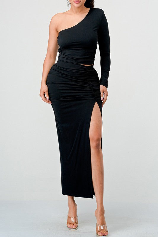 One Shoulder Crop Top and Slit Skirt Set