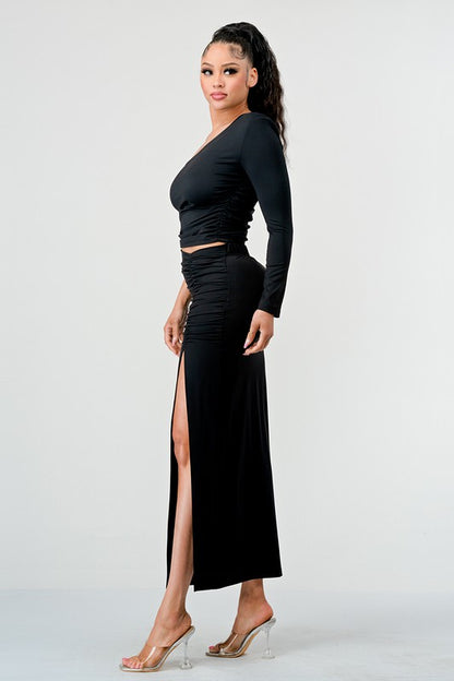 One Shoulder Crop Top and Slit Skirt Set