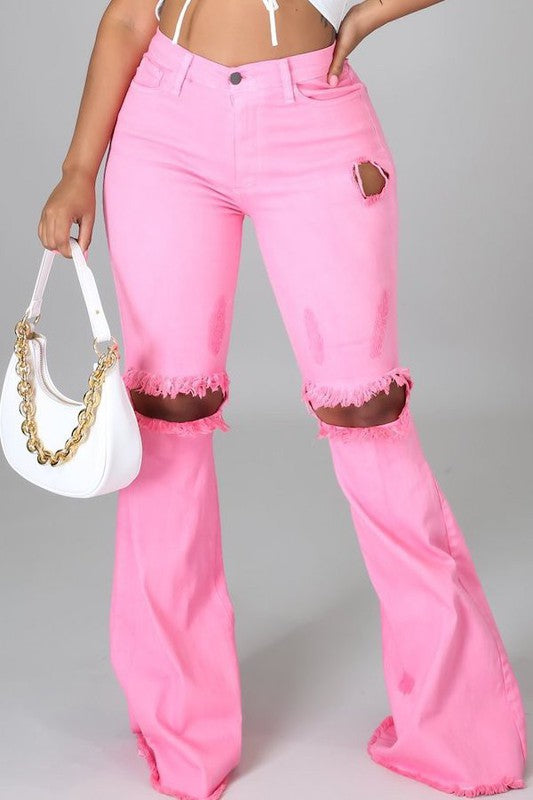 Knee Rip Bell Bottom Jean in Pink