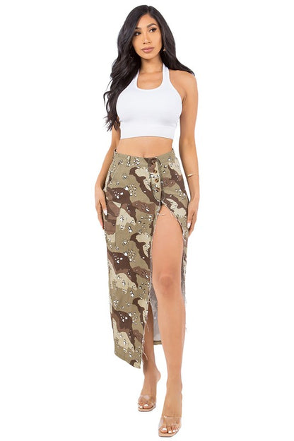 Side Slit Camo Maxi Skirt