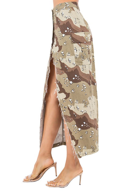 Side Slit Camo Maxi Skirt