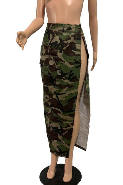 Side Slit Camo Maxi Skirt