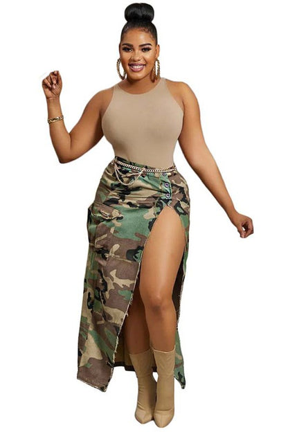 Side Slit Camo Maxi Skirt