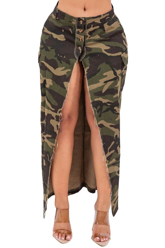 Side Slit Camo Maxi Skirt