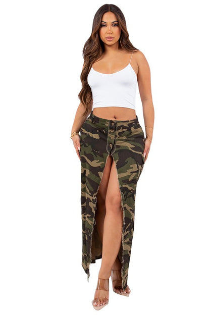 Side Slit Camo Maxi Skirt