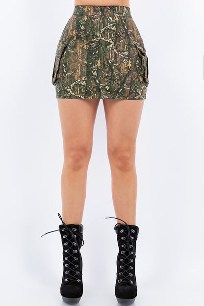 Cargo Denim Skirt in Woodland Camo