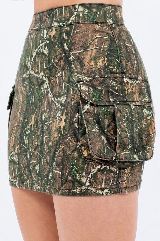 Cargo Denim Skirt in Woodland Camo