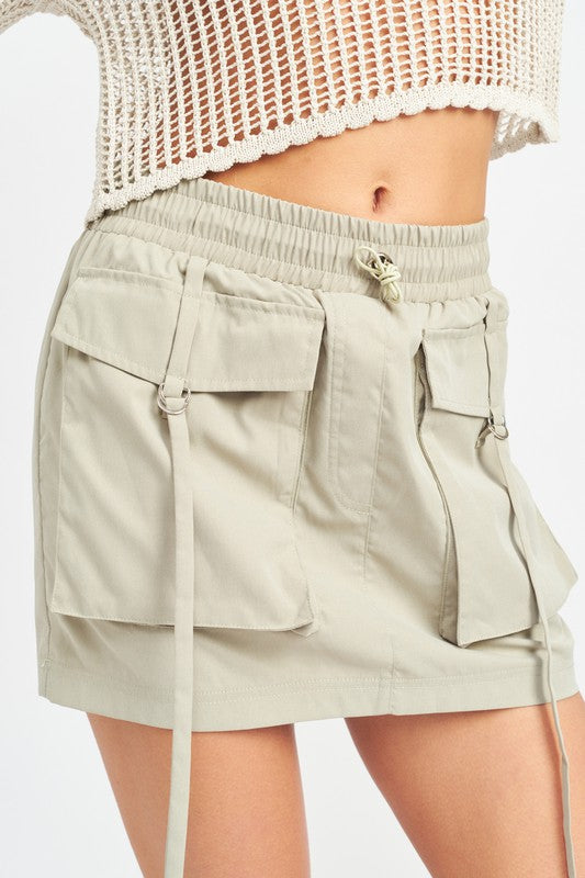 Cinched Waist Cargo Mini Skirt