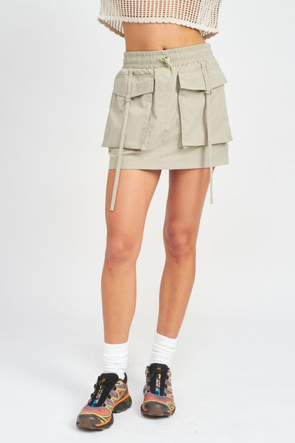 Cinched Waist Cargo Mini Skirt