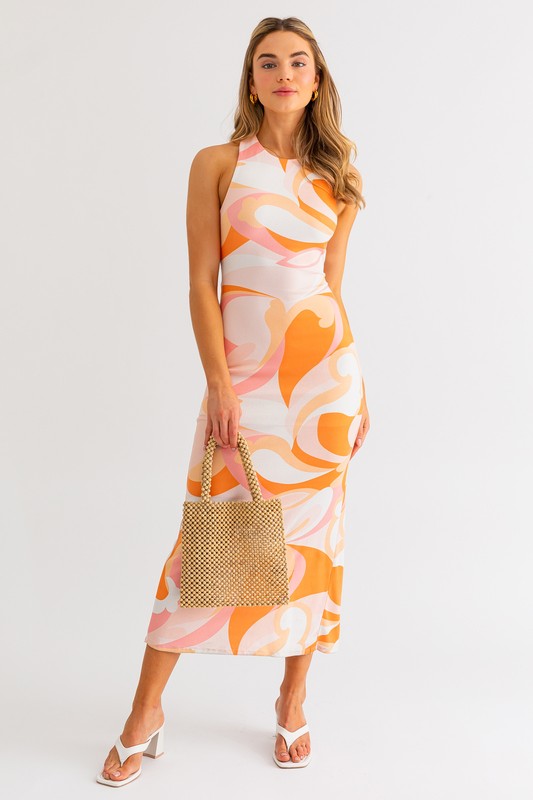 Absract Print Sleeveless Midi Dress