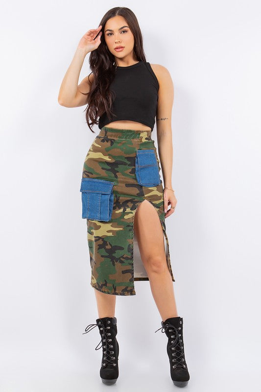 Combat Cargo Pencil Skirt in Camo Denim GJG Denim