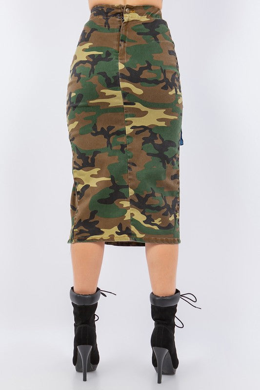 Combat Cargo Pencil Skirt in Camo Denim GJG Denim