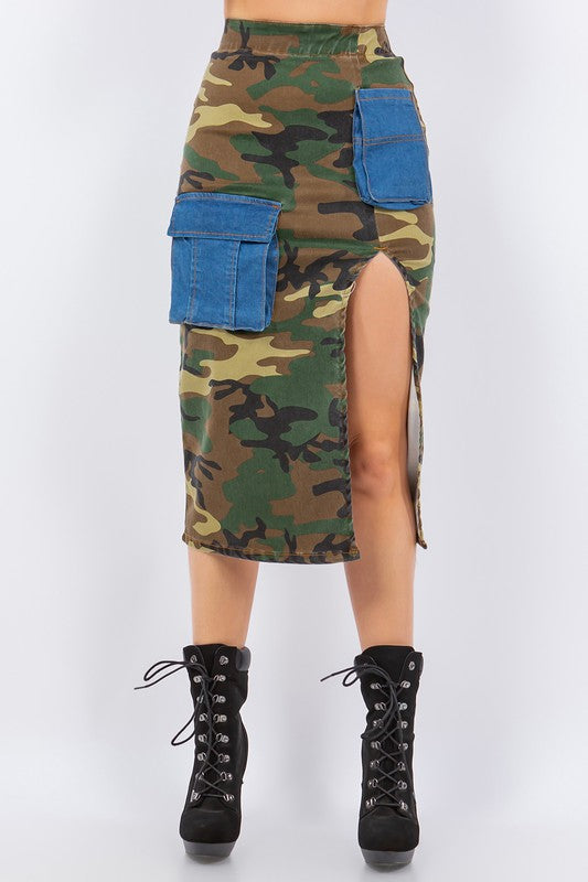 Combat Cargo Pencil Skirt in Camo Denim GJG Denim