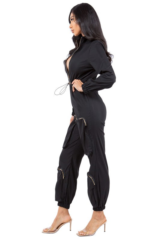 Long Sleeve Zip-Up Cargo Jumpsuits