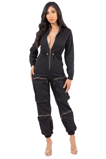 Long Sleeve Zip-Up Cargo Jumpsuits