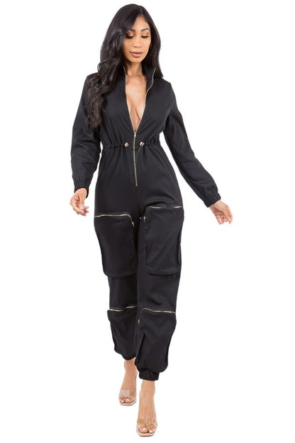 Long Sleeve Zip-Up Cargo Jumpsuits