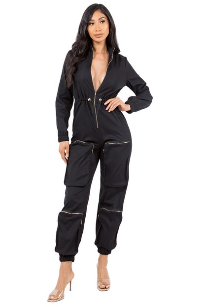 Long Sleeve Zip-Up Cargo Jumpsuits