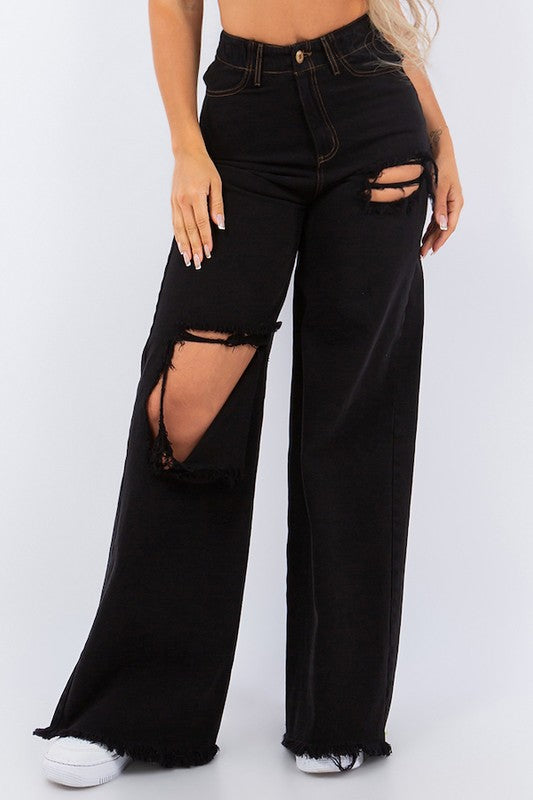 Vintage Ripped Wide Leg jean in Black