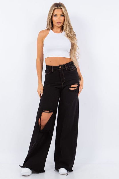 Vintage Ripped Wide Leg jean in Black