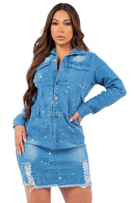 Long Sleeve Denim Mini Dress By Claude