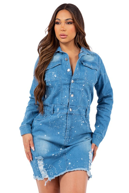 Long Sleeve Denim Mini Dress By Claude