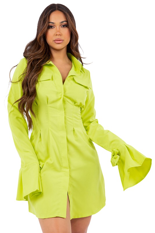 Long Sleeve Shirt Dress - Lime