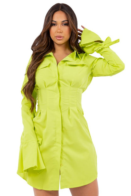 Long Sleeve Shirt Dress - Lime