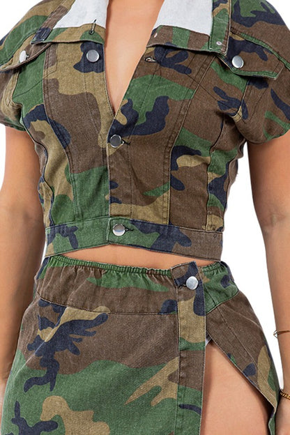 Denim Two Piece Camo Skirt Set