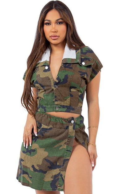 Denim Two Piece Camo Skirt Set