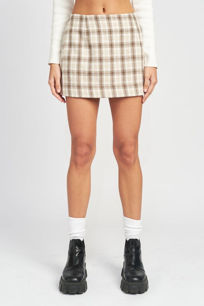 Plaid Mini Skirt- Ivory/Brown