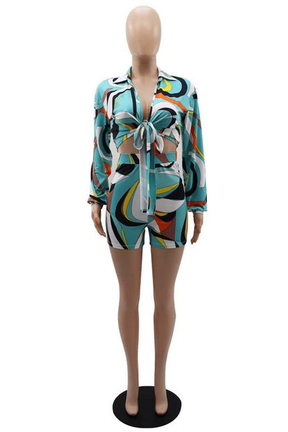 Long SLeeve Printed Top and Shorts Set