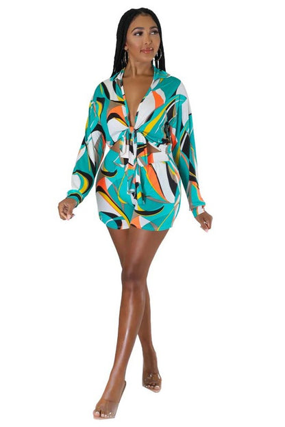 Long SLeeve Printed Top and Shorts Set