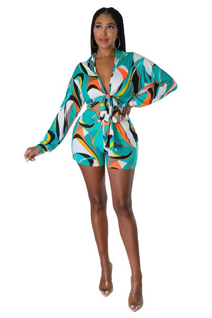 Long SLeeve Printed Top and Shorts Set