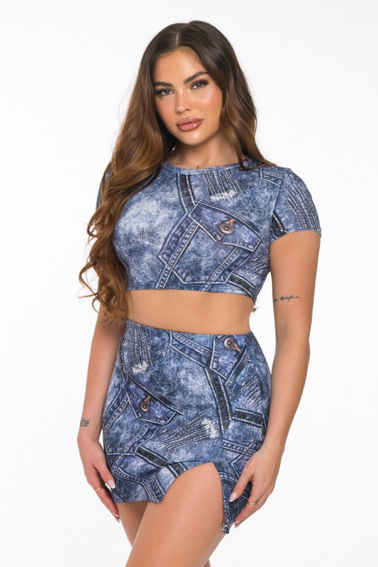 2-Piece Graphic Denim Print Skirt Set