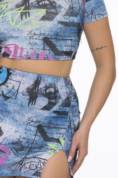 2-Piece Graphic Denim Print Skirt Set