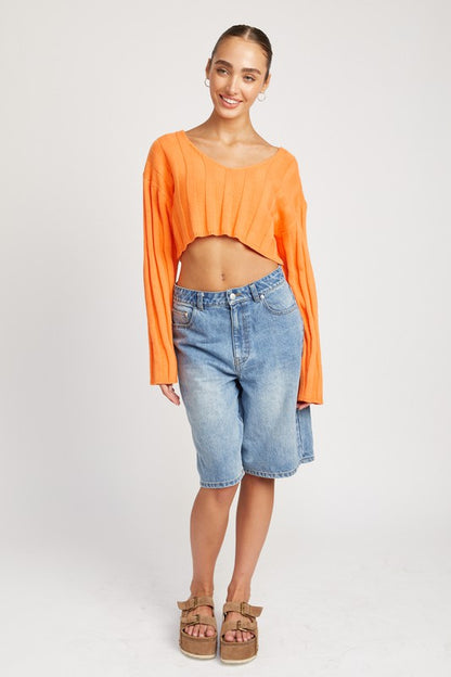 Wide Sleeve V Neck Rib Top